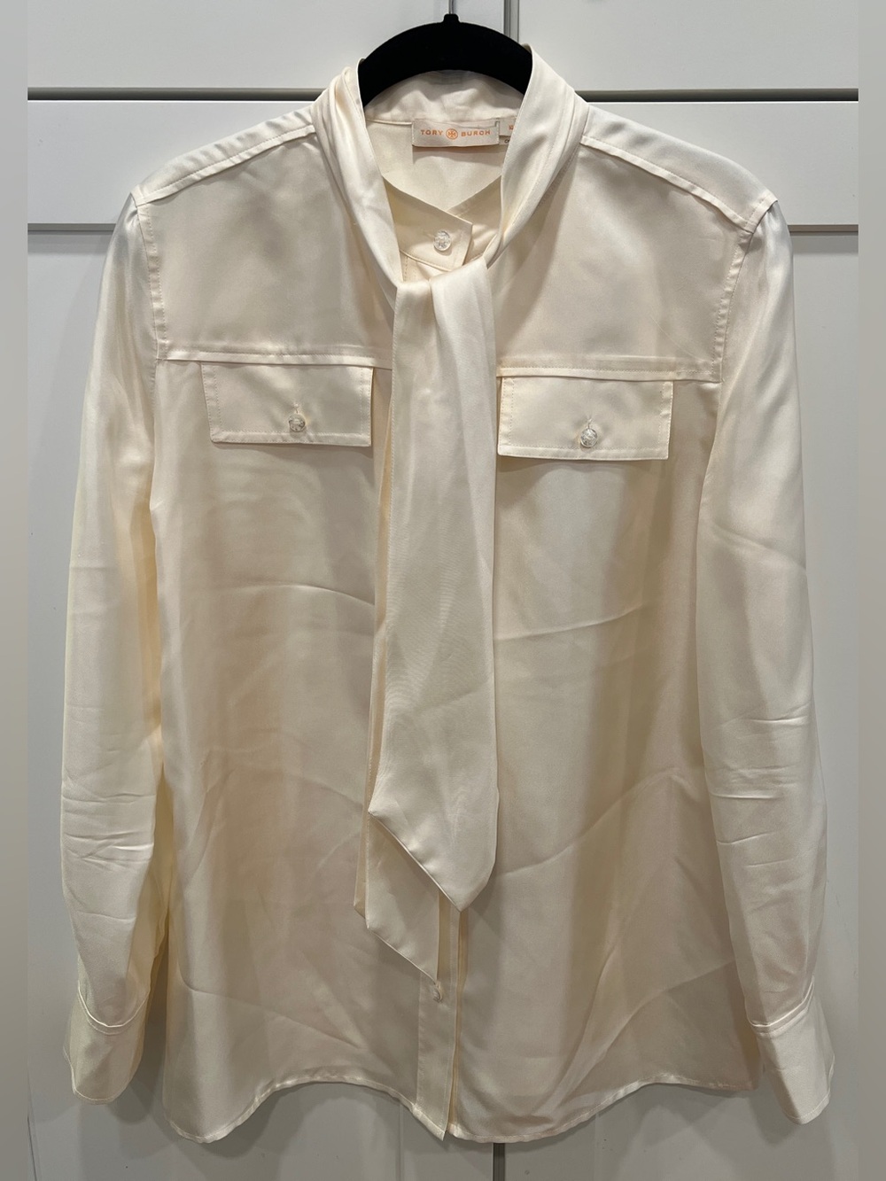 TORY BURCH SILK TIE-FRONT BLOUSE, SIZE 10.